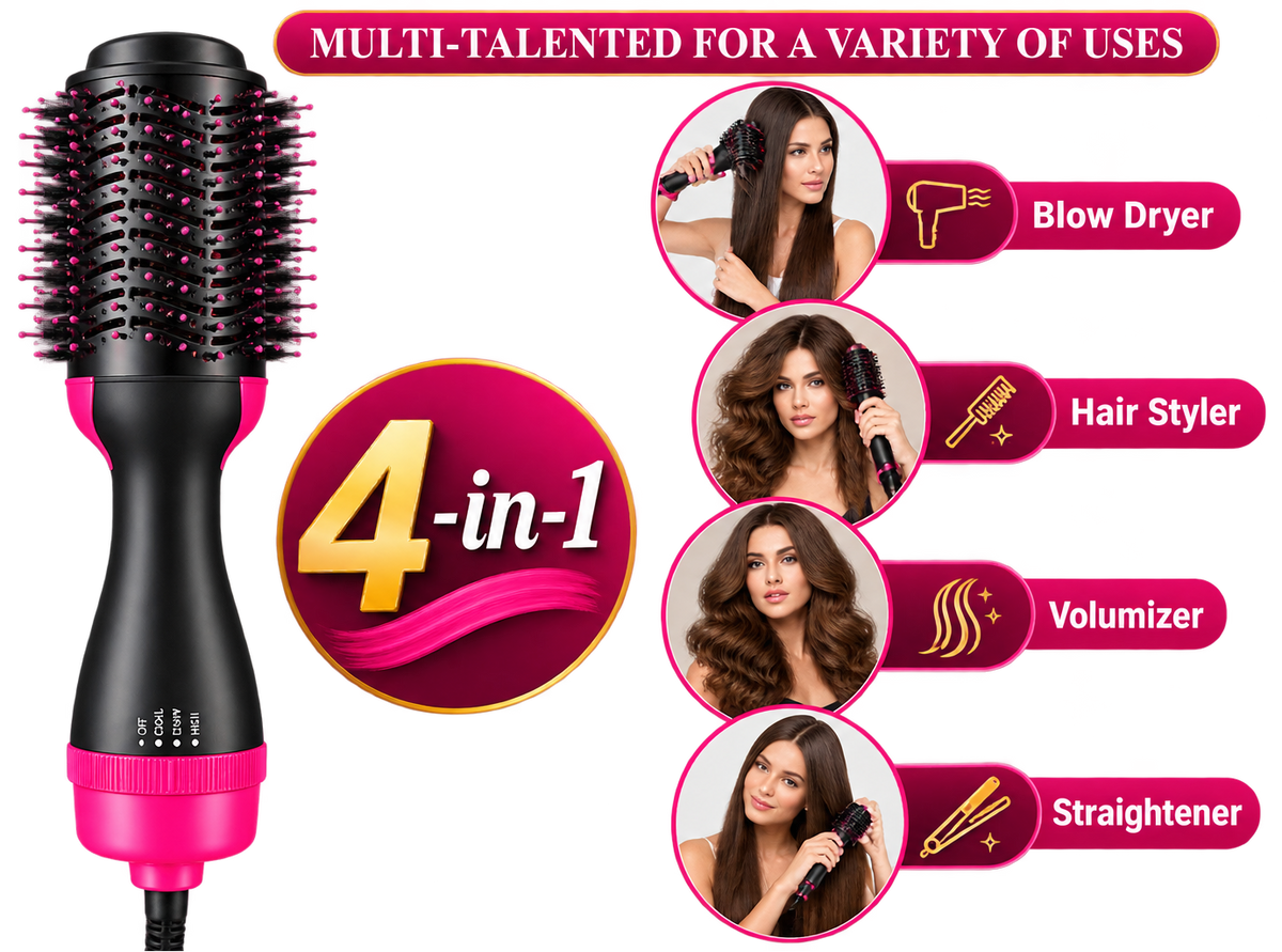A 4-in-1 hot air brush styling tool shown on a white background, featuring a black and hot pink body. The image includes promotional text and circular photos of women demonstrating its use as a blow dryer, hair styler, volumizer, and straightener.