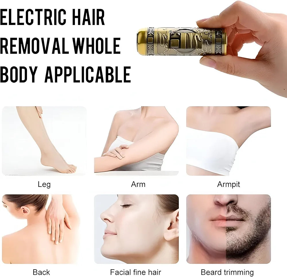 An electric hair removal stick shown in a hand, with large text reading 'ELECTRIC HAIR REMOVAL WHOLE BODY APPLICABLE' and six smaller demonstration panels labeled Leg, Arm, Armpit, Back, Facial fine hair, and Beard trimming.