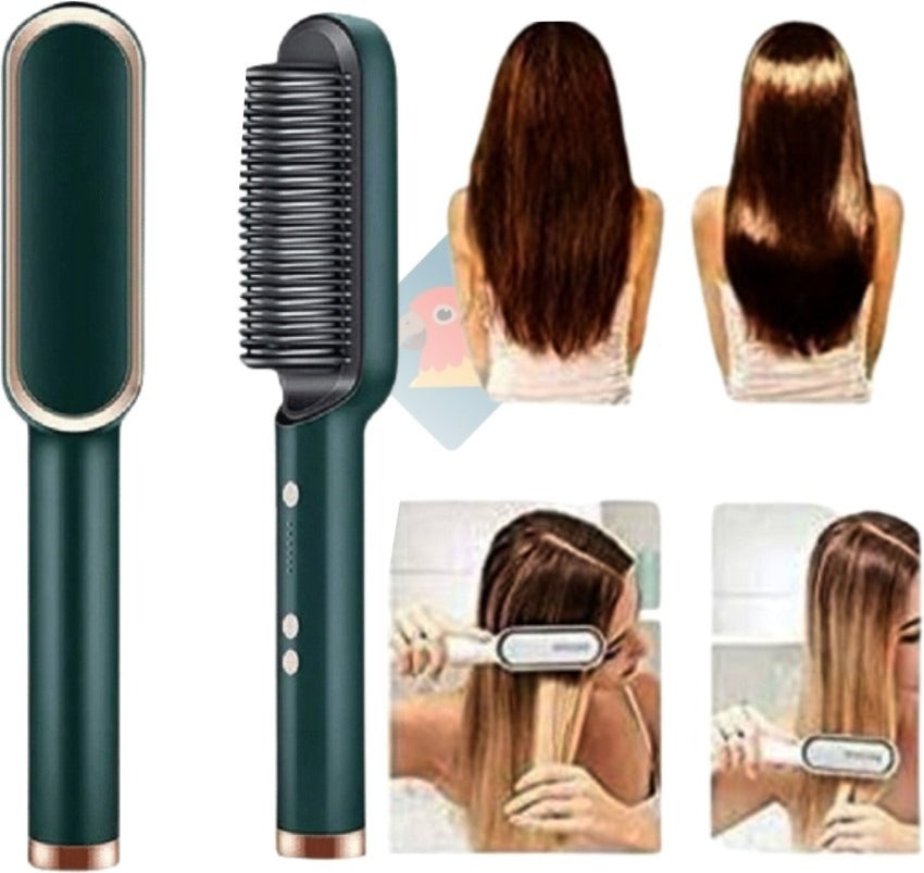 Hair straightening brush with before and after images of hair