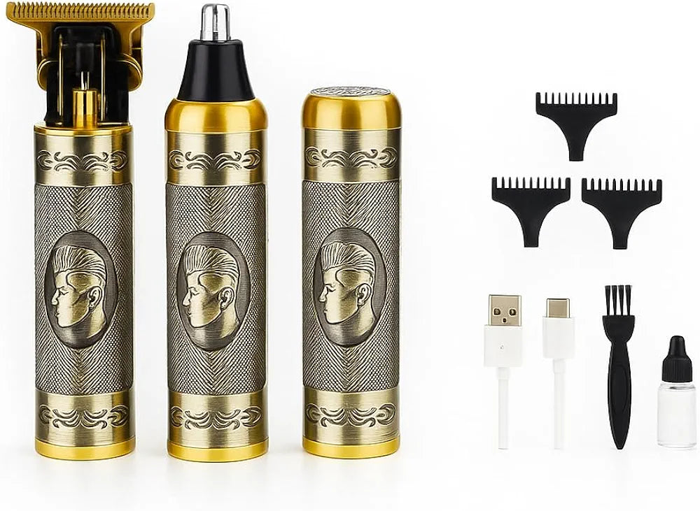 A portable electric hair trimmer set with three metallic gold and silver cylindrical bodies, shown with four black guide combs, a USB charging cable, a cleaning brush, and a small bottle of liquid on a white background.