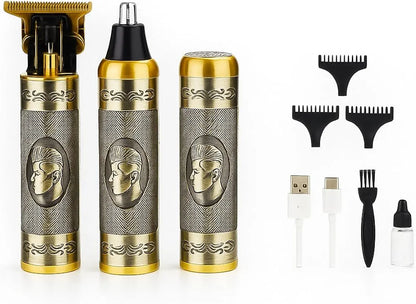 A portable electric hair trimmer set with three metallic gold and silver cylindrical bodies, shown with four black guide combs, a USB charging cable, a cleaning brush, and a small bottle of liquid on a white background.