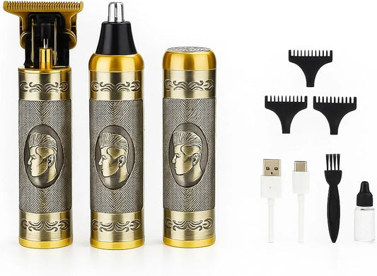 A portable electric hair trimmer set with three metallic gold and silver cylindrical bodies, shown with four black guide combs, a USB charging cable, a cleaning brush, and a small bottle of liquid on a white background.
