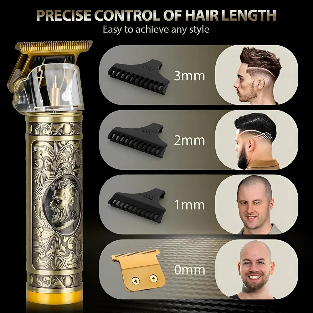 A gold and silver decorative electric hair trimmer is shown on a black promotional background with text reading 'PRECISE CONTROL OF HAIR LENGTH' and five inset examples of different haircut lengths labeled 3mm, 2mm, 1mm, 0mm, plus black clipper attachments.