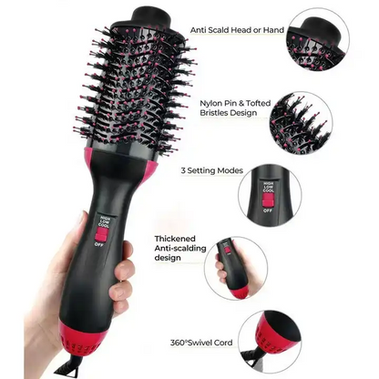A handheld hot air brush styled for anti-scalping, held by a hand against a white background with several circular callout diagrams showing product features like nylon pin & toffee bristles, 3 setting modes, thickened anti-scalping design, and 360° swivel cord.