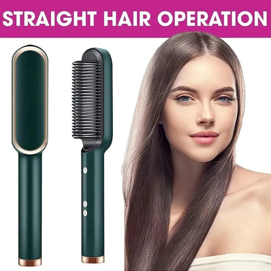 Hair straightening brush with a woman displaying straight hair on a pink background