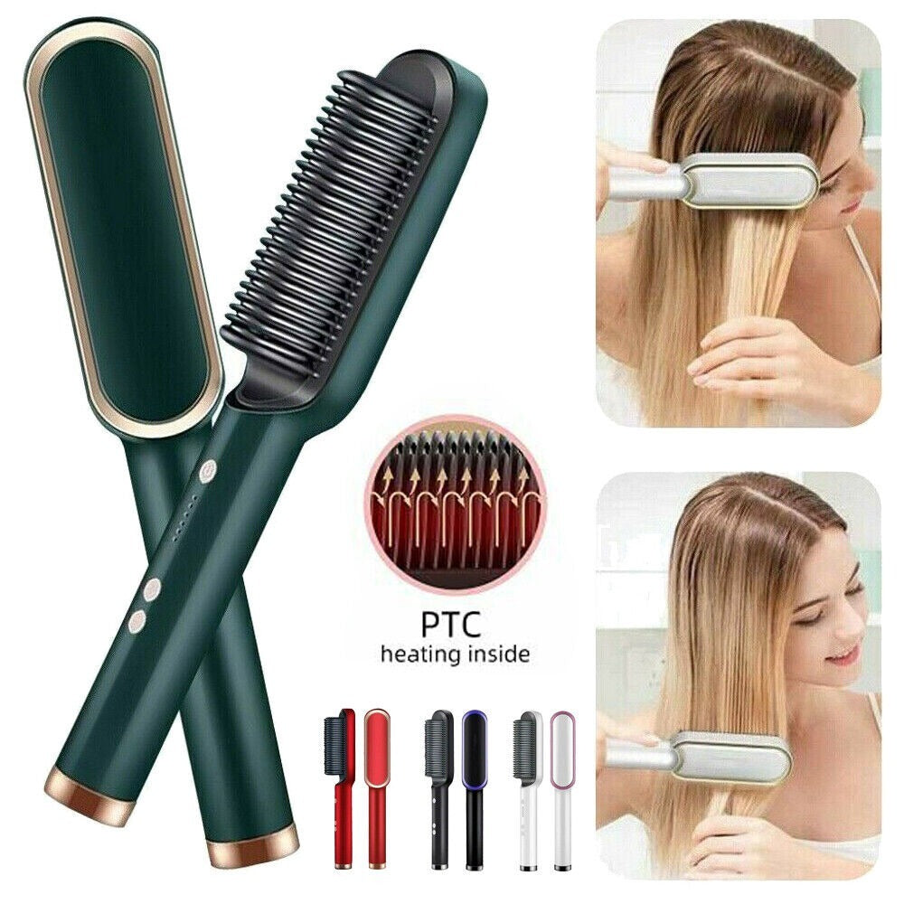 Hair straightening brush with PTC heating technology, shown with close-ups and usage examples.