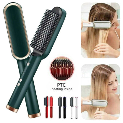 Hair straightening brush with PTC heating technology, shown with close-ups and usage examples.
