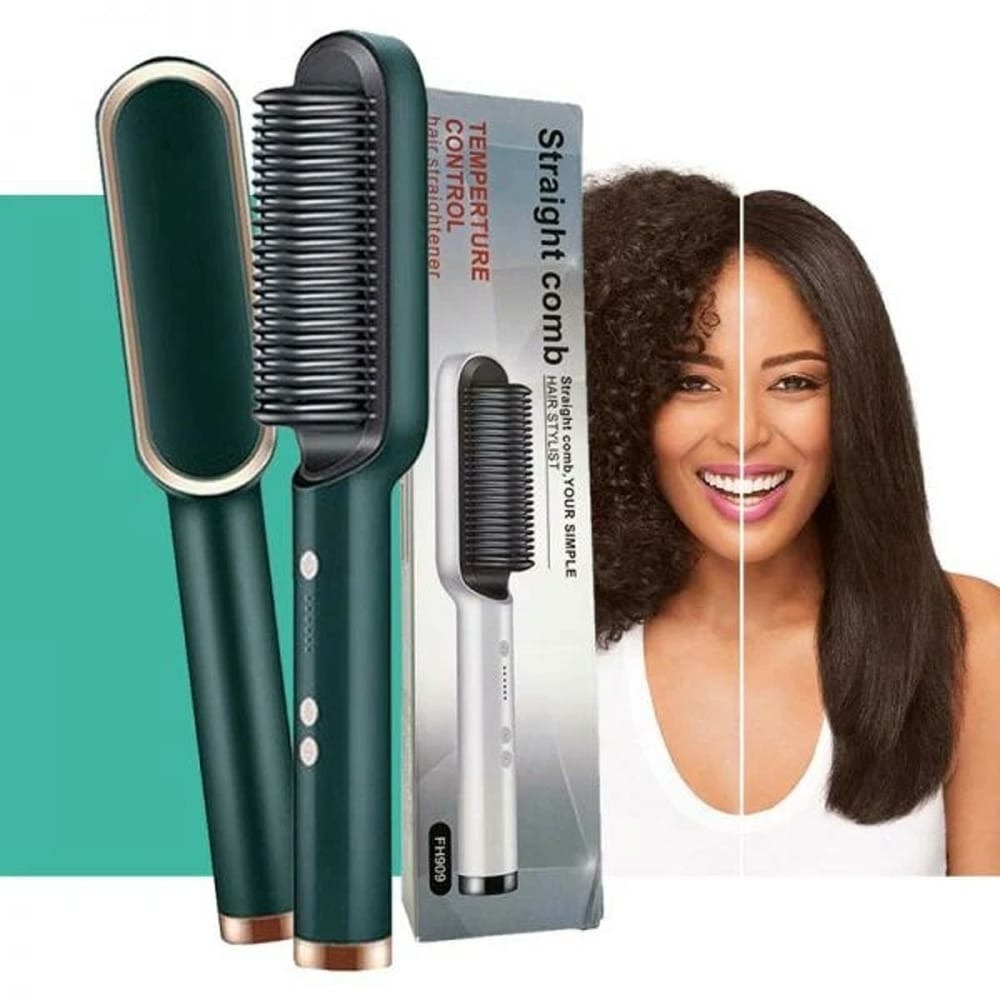 Hair straightening comb with packaging and a woman with straight hair on a white background