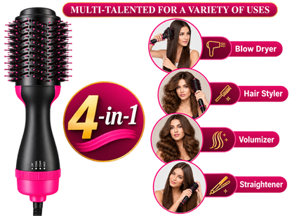 A 4-in-1 hot air brush styling tool shown on a white background, featuring a black and hot pink body. The image includes promotional text and circular photos of women demonstrating its use as a blow dryer, hair styler, volumizer, and straightener.