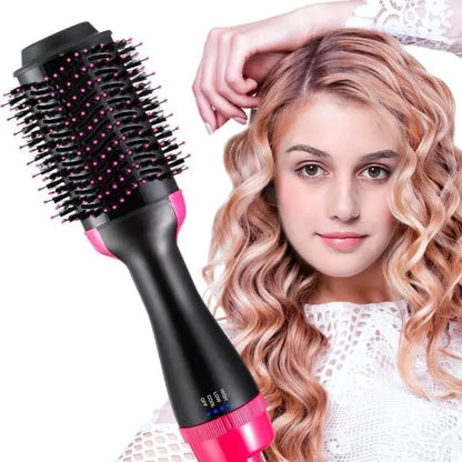 Hair styling tool with pink accents next to a woman with styled hair