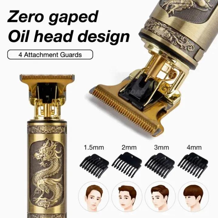 Hair trimmer with dragon design and attachments on a white background