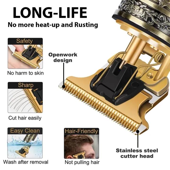 Hair trimmer with features highlighted on a black background