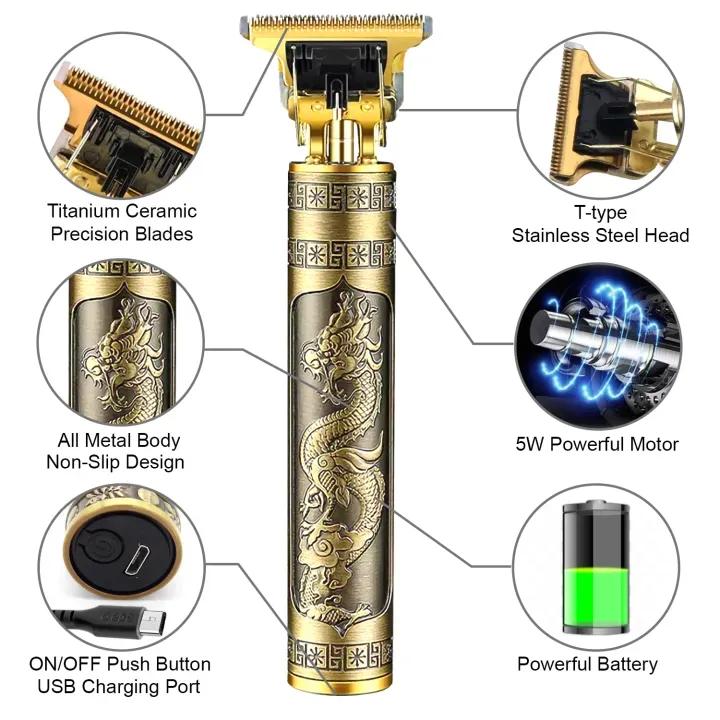Hair trimmer with features highlighted, including blades, head, motor, battery, and button.