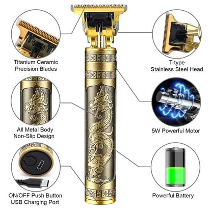 Hair trimmer with features highlighted, including blades, head, motor, battery, and button.