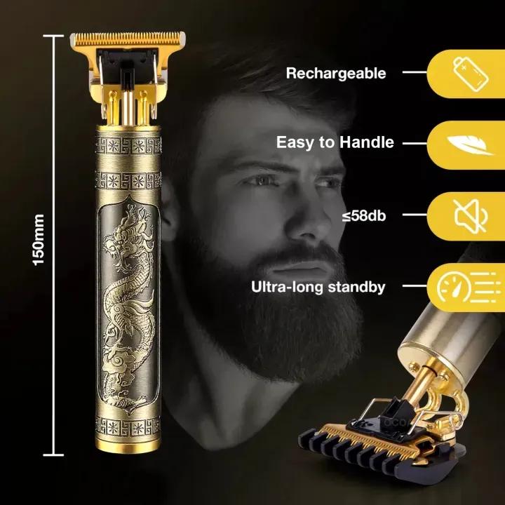 Hair trimmer with dragon design, features listed, and a man with a beard.