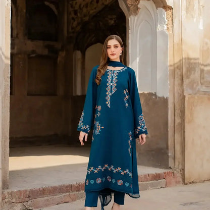 Exquisite Linen Embroidered Suit Set - 3 Pcs
