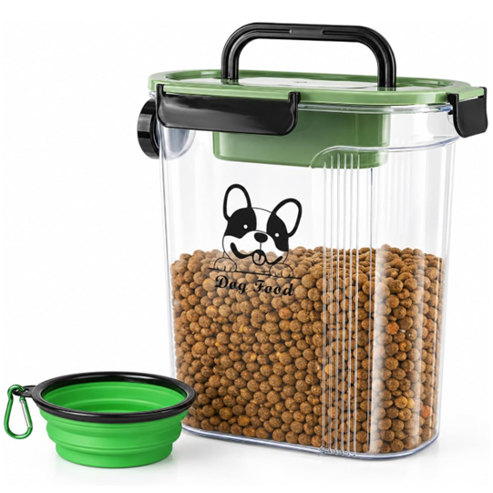 Clear plastic dog food storage container with a green lid and handle, filled with kibble, shown with a matching green collapsible bowl on a white background.