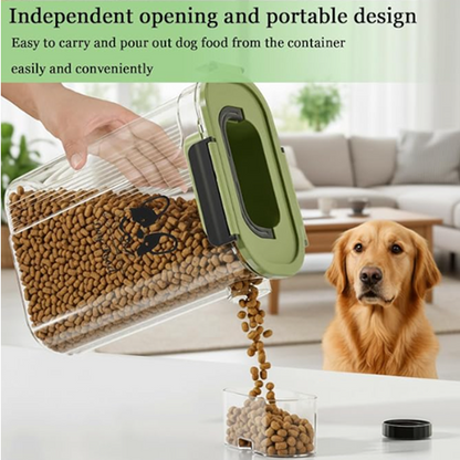 A clear plastic dog food container with an olive green lid is shown being tipped to pour kibble into a small clear bowl. A human hand is visible holding the container, and a golden retriever dog sits in a living room background.