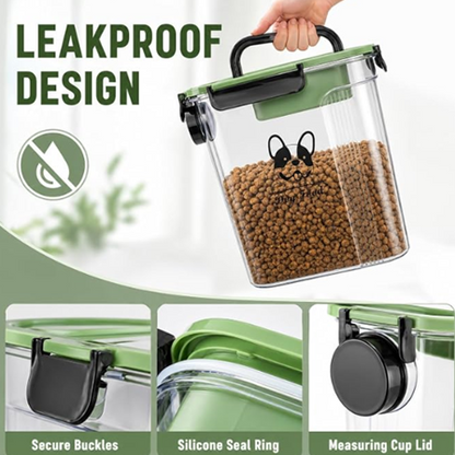 Clear plastic pet food storage container with a green lid and black handle, shown being held by a hand and filled with kibble. Large text reads 'LEAKPROOF DESIGN' with three feature callout panels below showing secure buckles, silicone seal ring, and measuring cup lid.