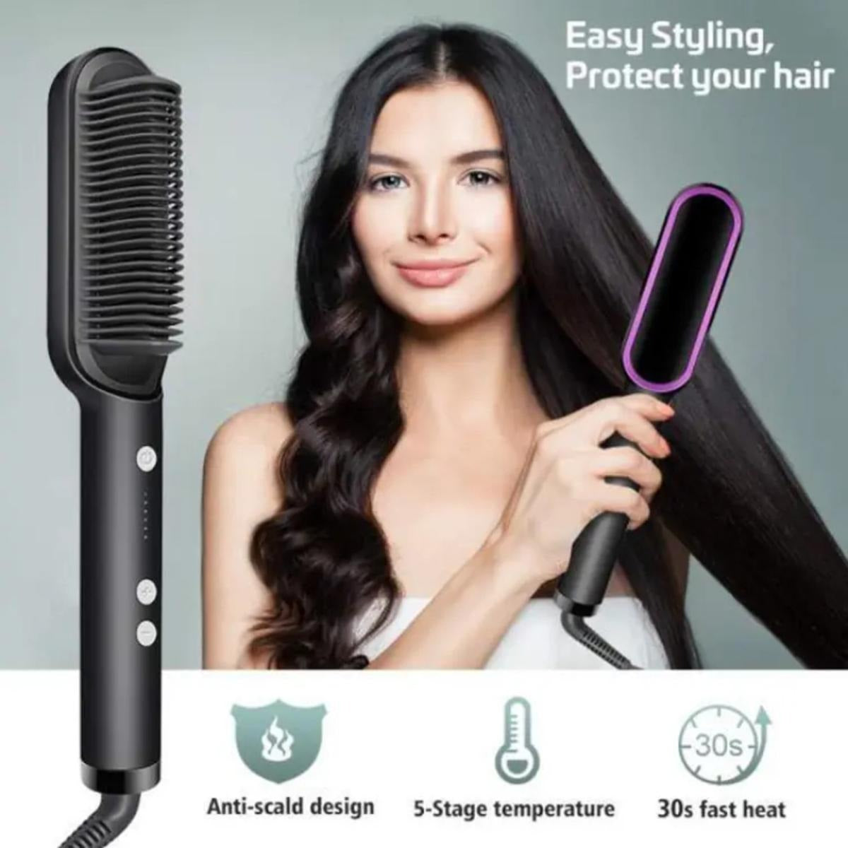 Woman using a hair straightening brush with text about easy styling and hair protection.
