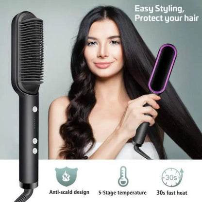 Woman using a hair straightening brush with text about easy styling and hair protection.
