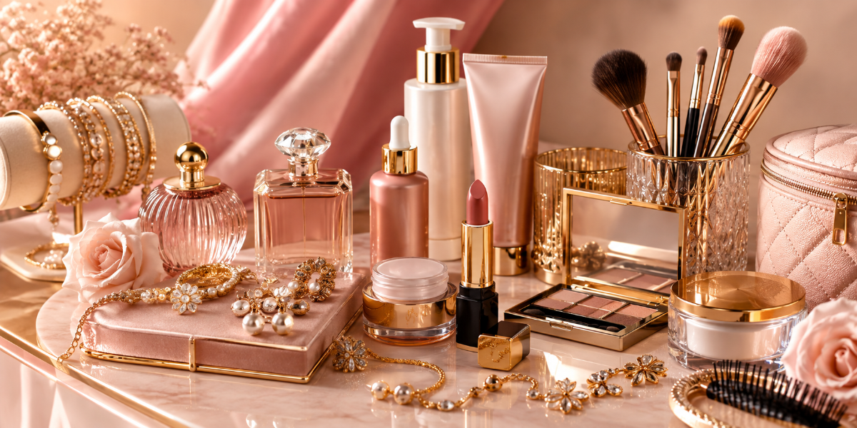 A styled beauty vanity scene with pink and gold cosmetics, perfume bottles, makeup brushes, jewelry, a compact mirror, and a hairbrush arranged on a marble surface against a soft pink backdrop.