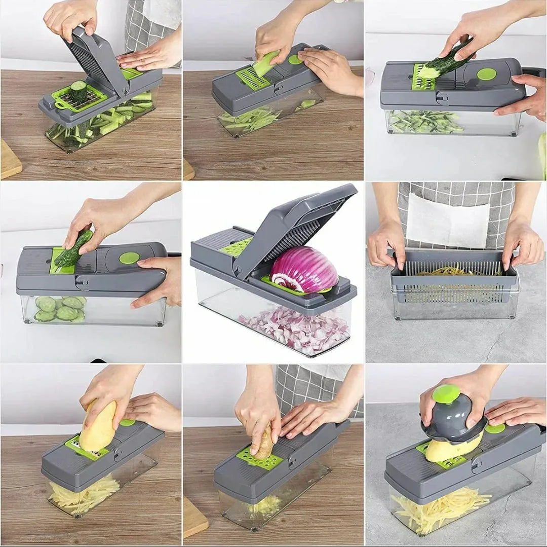 16-in-1 Vegetable Chopper & Slicer with Colander and Storage Container | Manual Food Cutter & Dicer