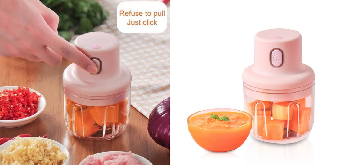 A split product image showing a small pink electric chopper. The left side shows a hand pressing the button on the chopper, which has a pink lid and a clear container filled with vegetables, with bowls of chopped ingredients and a text overlay that says 'Refuse to pull Just click'.