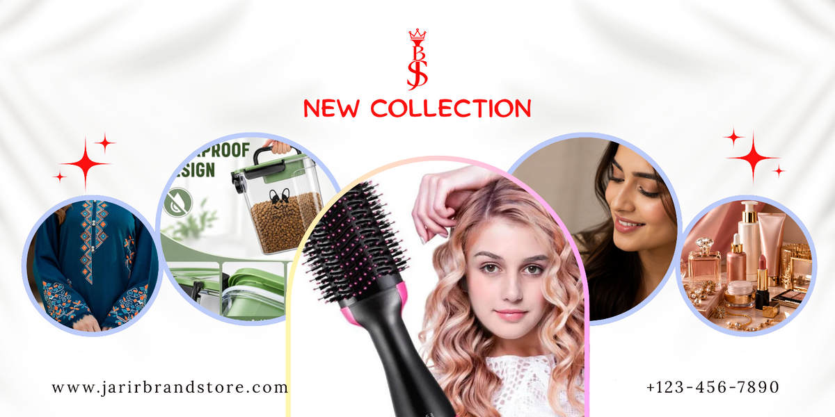 Promotional banner for Jarir Brand featuring a black hair dryer brush attachment in the center, surrounded by circular inset images showing fashion, hair design, a woman with styled hair, and beauty products. The text reads 'NEW COLLECTION' with Jarir Brand logo at the top.