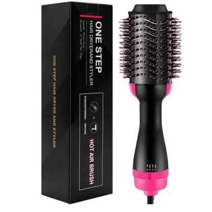 A hot air brush hair straightener shown next to its black retail box on a plain white background. The brush is black with bright pink accents on the handle and base, and the box is black with white and pink text.