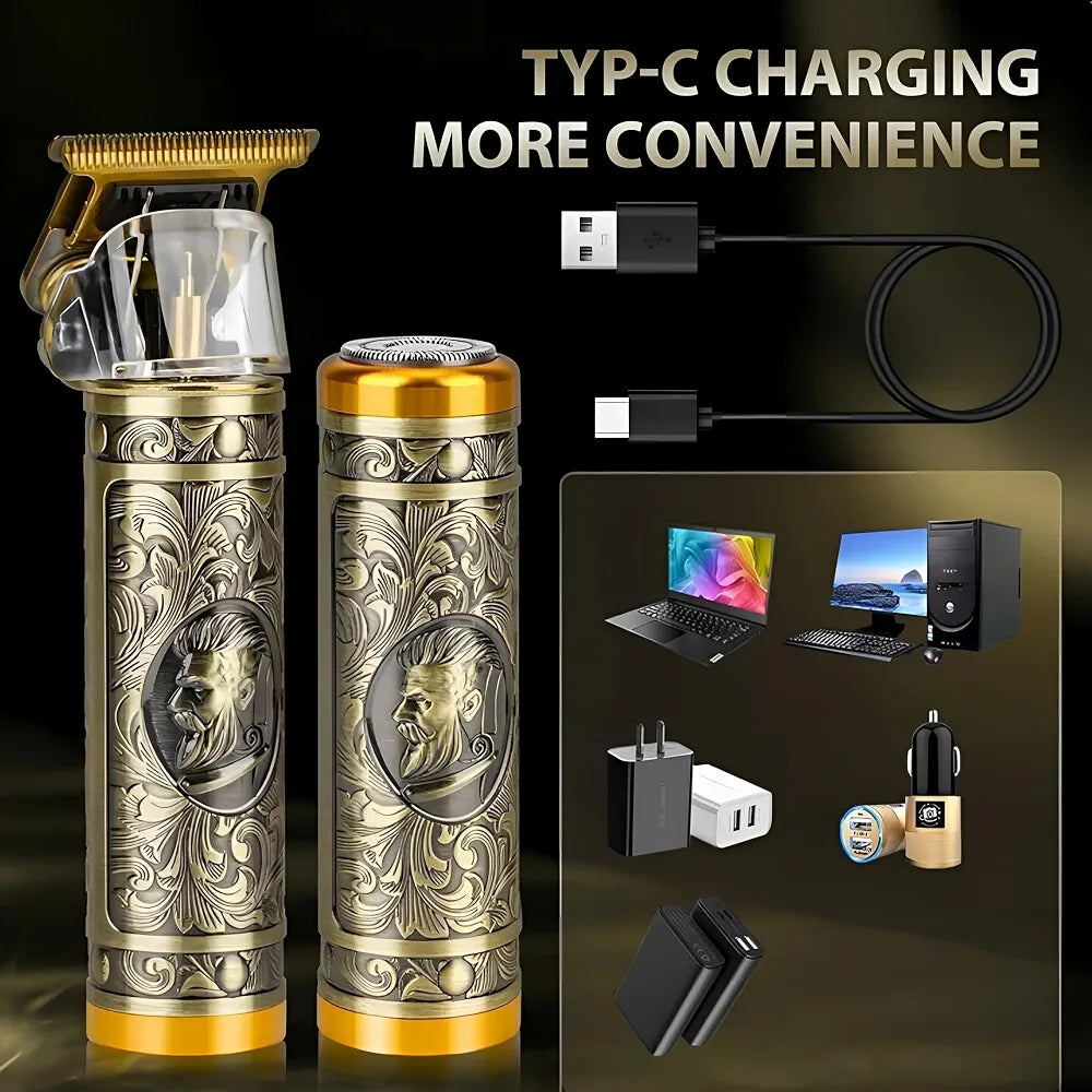 A luxury electric beard trimmer and shaver set with ornate gold and silver filigree detailing, shown alongside its USB charging cable and various accessories like a laptop, power adapters, and a car charger. Text on the image highlights 'TYP-C CHARGING MORE CONVENIENCE'.