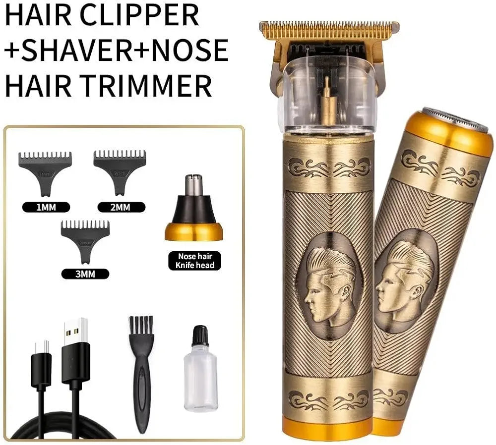 Gold and black electric hair clipper set with shaver and nose trimmer, shown with multiple attachment heads, a USB charging cable, a black cleaning brush, and a small clear bottle on a white background.