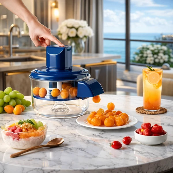 Blue juicer on a kitchen counter with fruits and a drink in the background