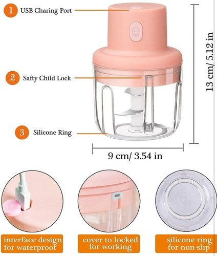 Pink handheld chopper with features labeled and dimensions shown